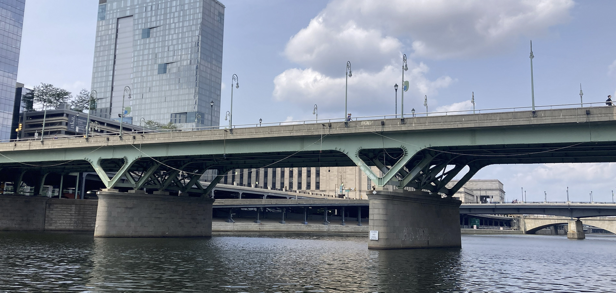 Walnut Street Bridge as seen from the southeast, with the Chestnut Street Bridge in the background.