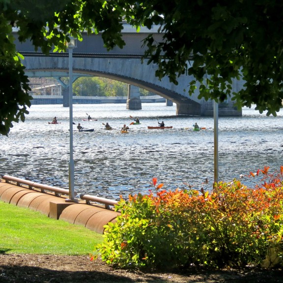 Kayakers paddling on the Schuylkill river in September