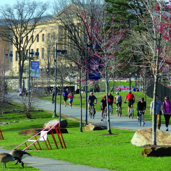 Cyclists on the trail near the Philadelphia Art Museum