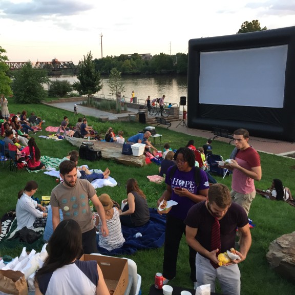 People gathering for a movie event on the Schuylkill Trail