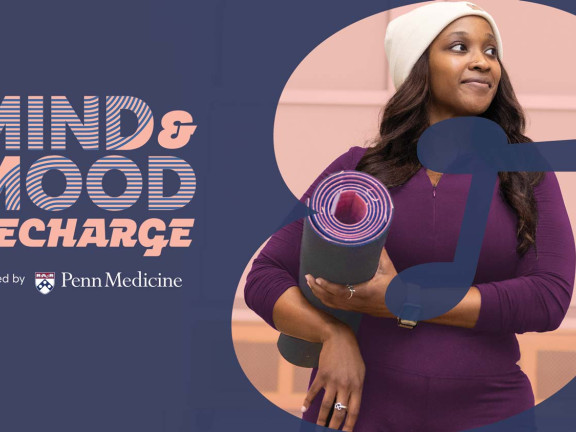 Woman carrying a yoga mat next to text that says "mind and mood recharge, powered by Penn Medicine"
