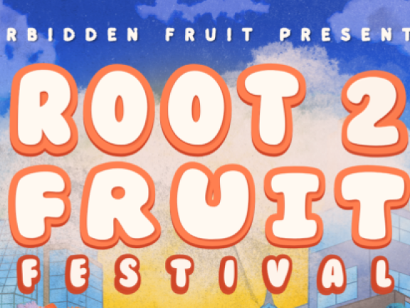 Text on a background of sun coming through buildings, saying "Forbidden Fruit Presents Root 2 Fruit Festival"