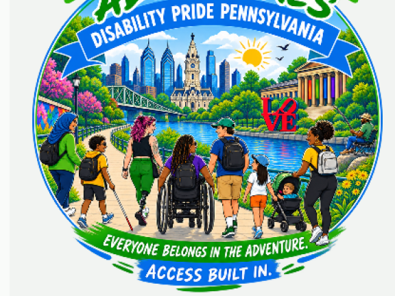Illustration of a group of individuals alongside the river with Philadelphia landmarks in the background