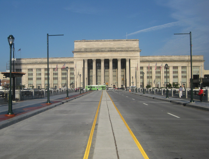 Entrance to the station as seen from the middle of JFK Boulevard on a clear, sunny day