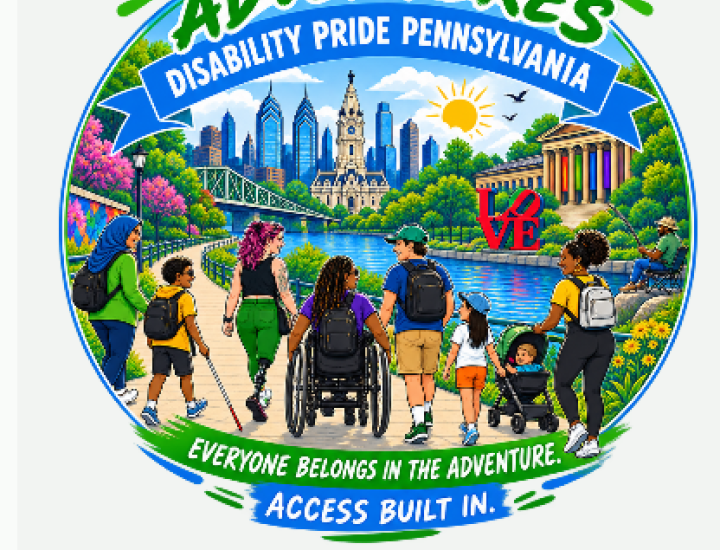 Illustration of a group of individuals alongside the river with Philadelphia landmarks in the background